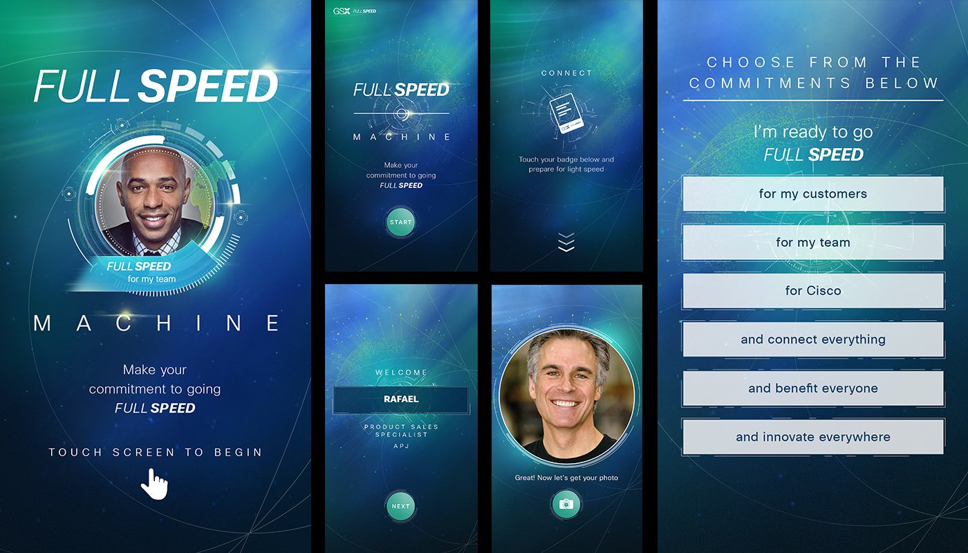 Full Speed Machine touchscreen flow from welcome screen through commitment selection