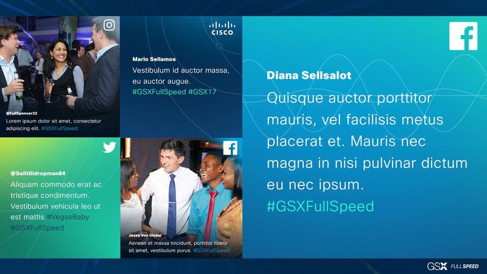 Full Speed social wall mockup displaying attendee photos and hashtag posts