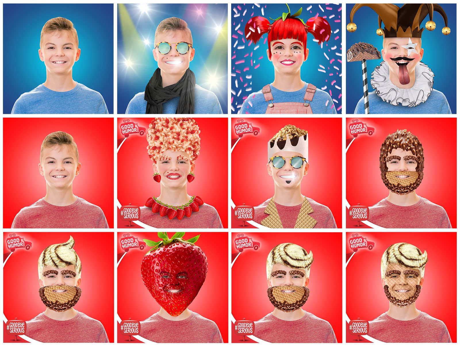 Grid of guests transformed into King Cone, Strawberry Shortcake, and Choco Taco characters