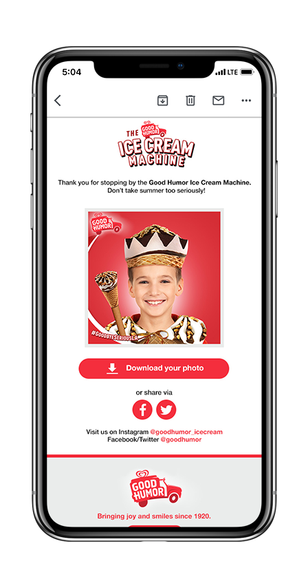 Phone mockup of the emailed photo with a download and share prompt