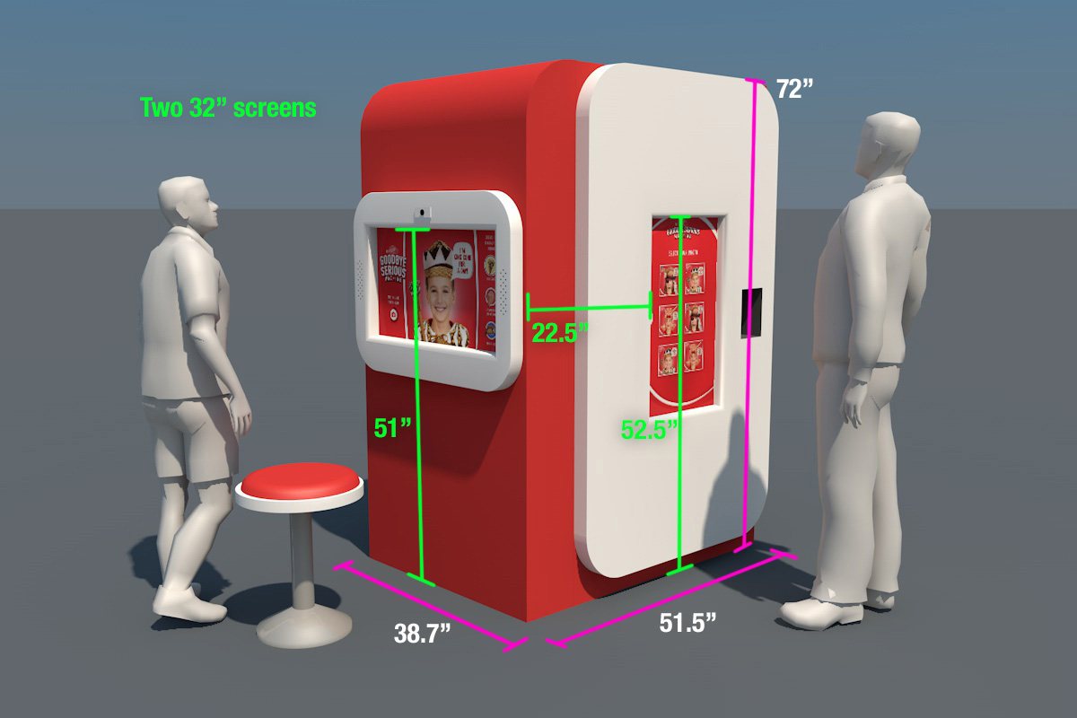 3D render of the ice cream machine's dimensions and dual touchscreens