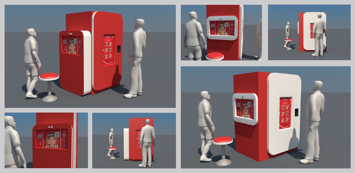 Multiple angle renders of guests interacting with the ice cream machine design