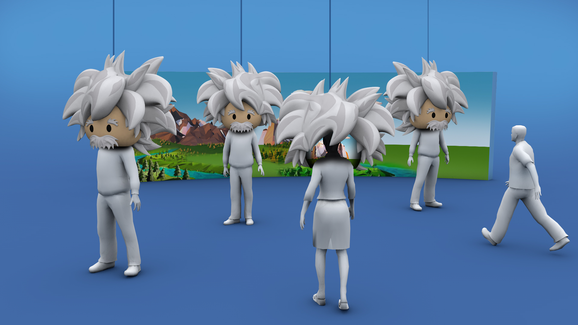 3D render of bobblehead avatar figures floating in a blue void
