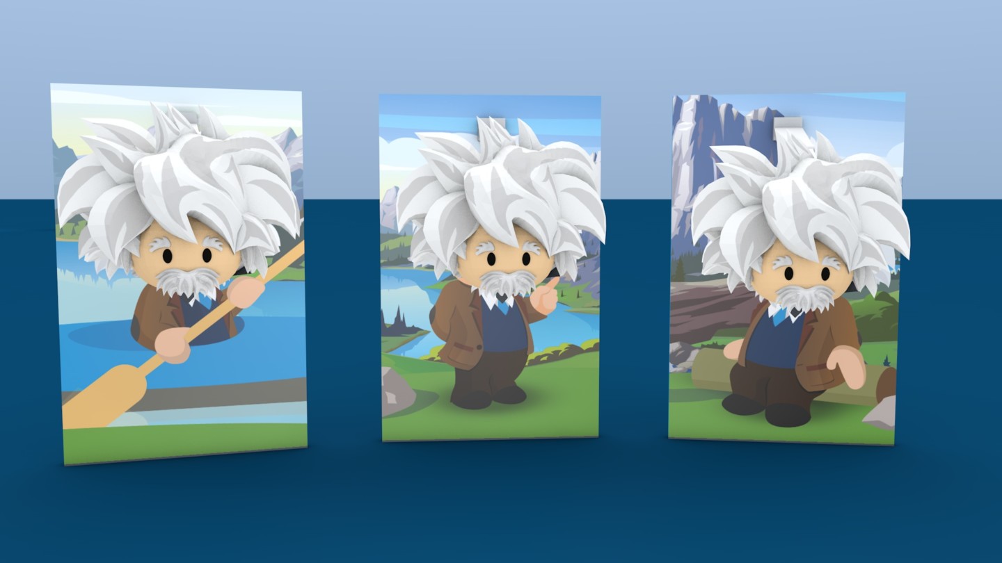 Illustrated character posters for three Einstein bobblehead personas