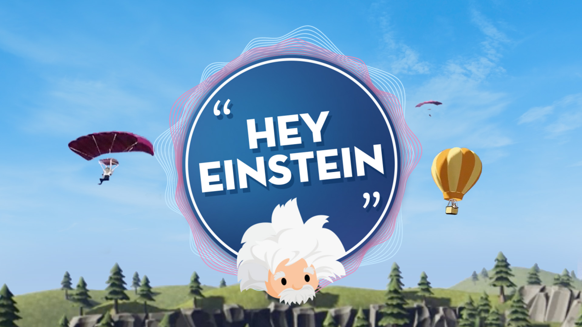 Hey Einstein circular title card graphic with a skydiving illustration