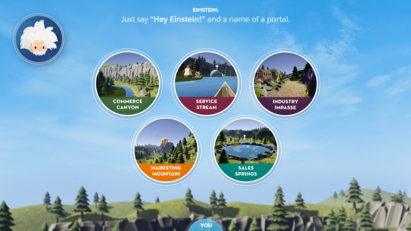 Portal selection screen showing Commerce Canyon, Service Stream, Industry Impasse, Marketing Mountain, and Sales Springs