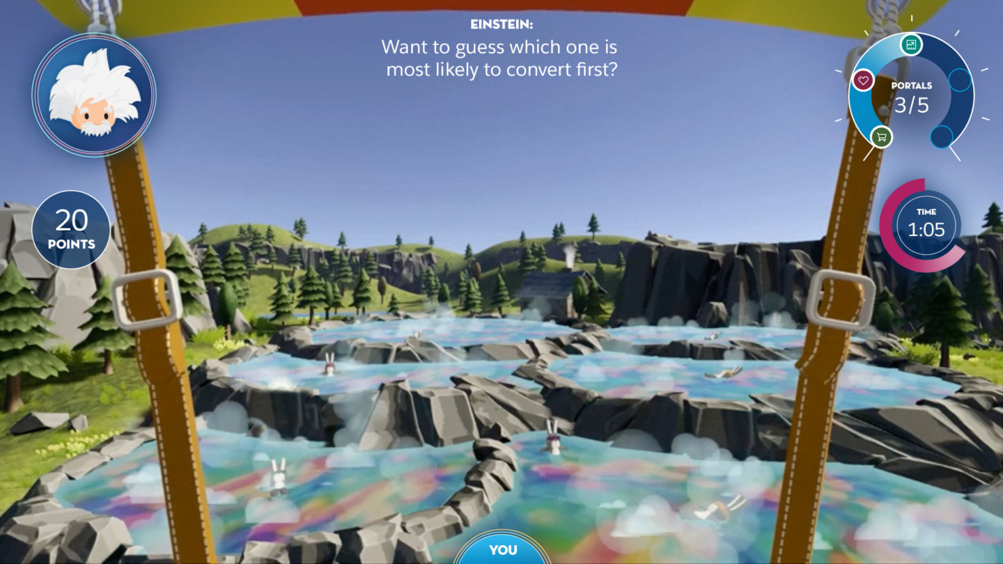 Hot air balloon view over a rainbow-lit waterfall in the Sales Springs portal
