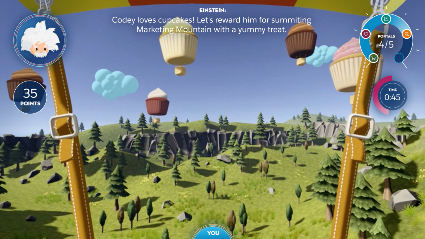 Hot air balloon rewarding a milestone with floating cupcakes