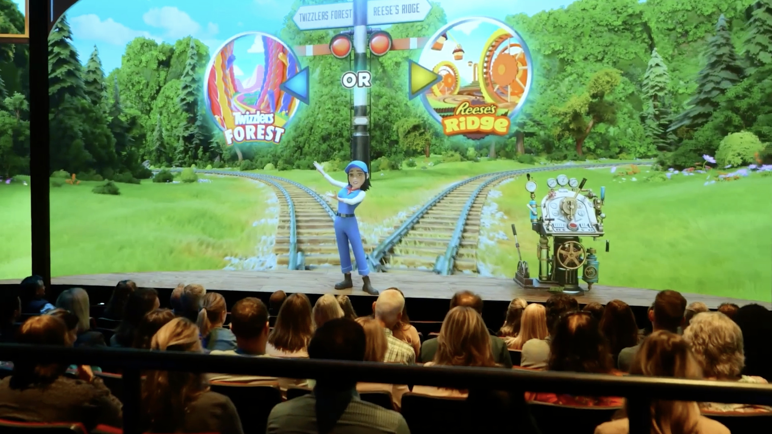 Host presenting the choice between Twizzlers Forest and Reese's Ridge at the story junction