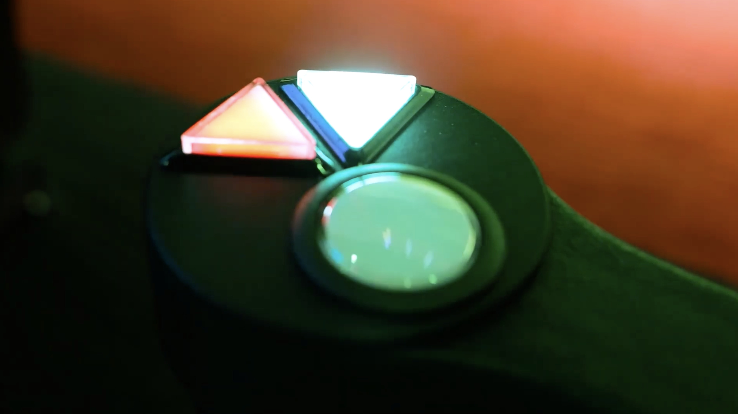 Close-up of the glowing seatback route-selection buttons