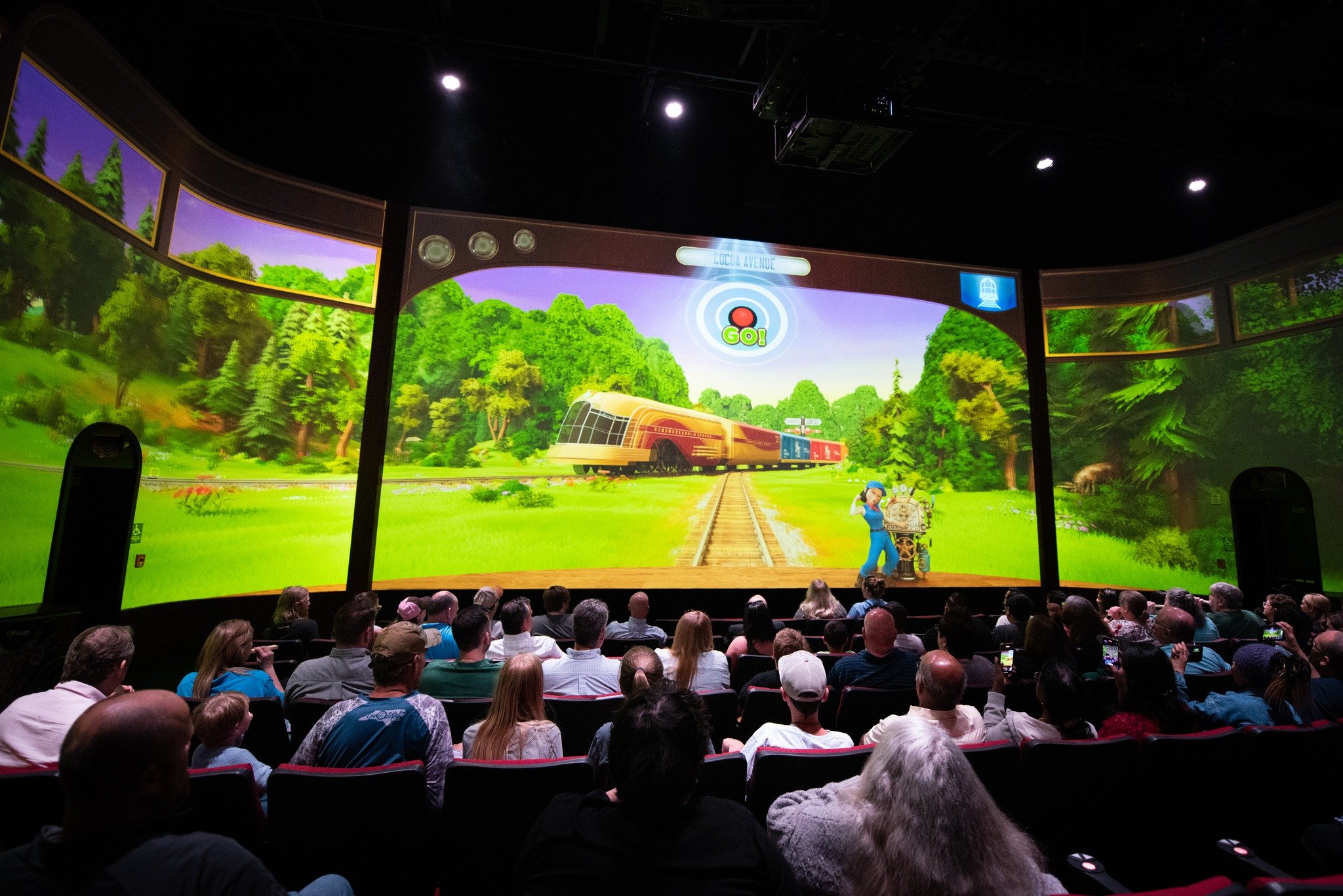 270-degree theater screen showing the train riding through Twizzlers Forest