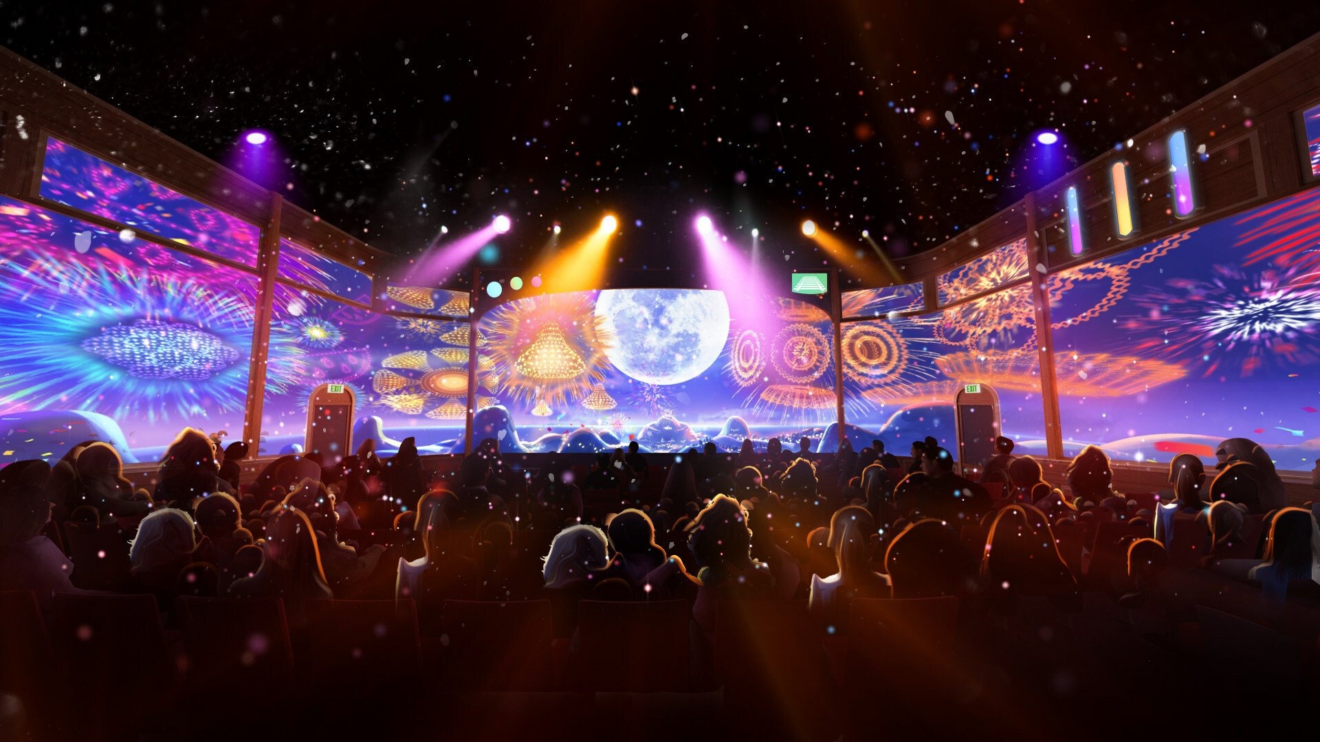 Finale sequence with fireworks, moon, and a performer on the theater stage
