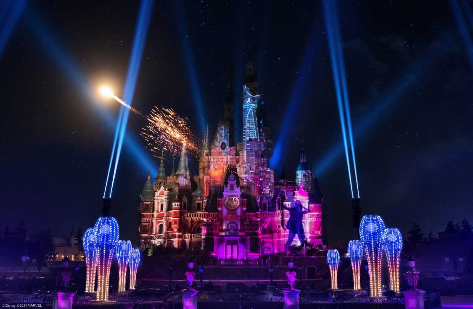 Multicolor fireworks bursting above the castle