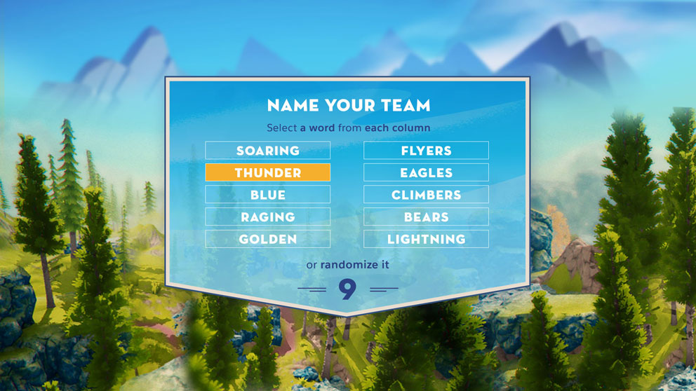 Name Your Team screen with Thunder Flyers selected