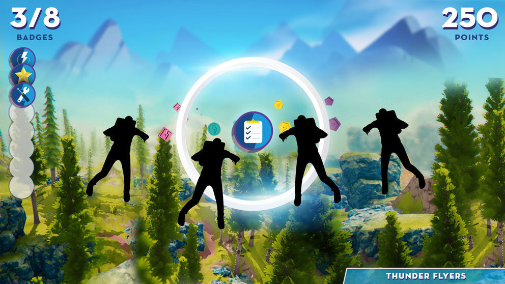 Gameplay screen showing four players' silhouettes flying toward a badge ring