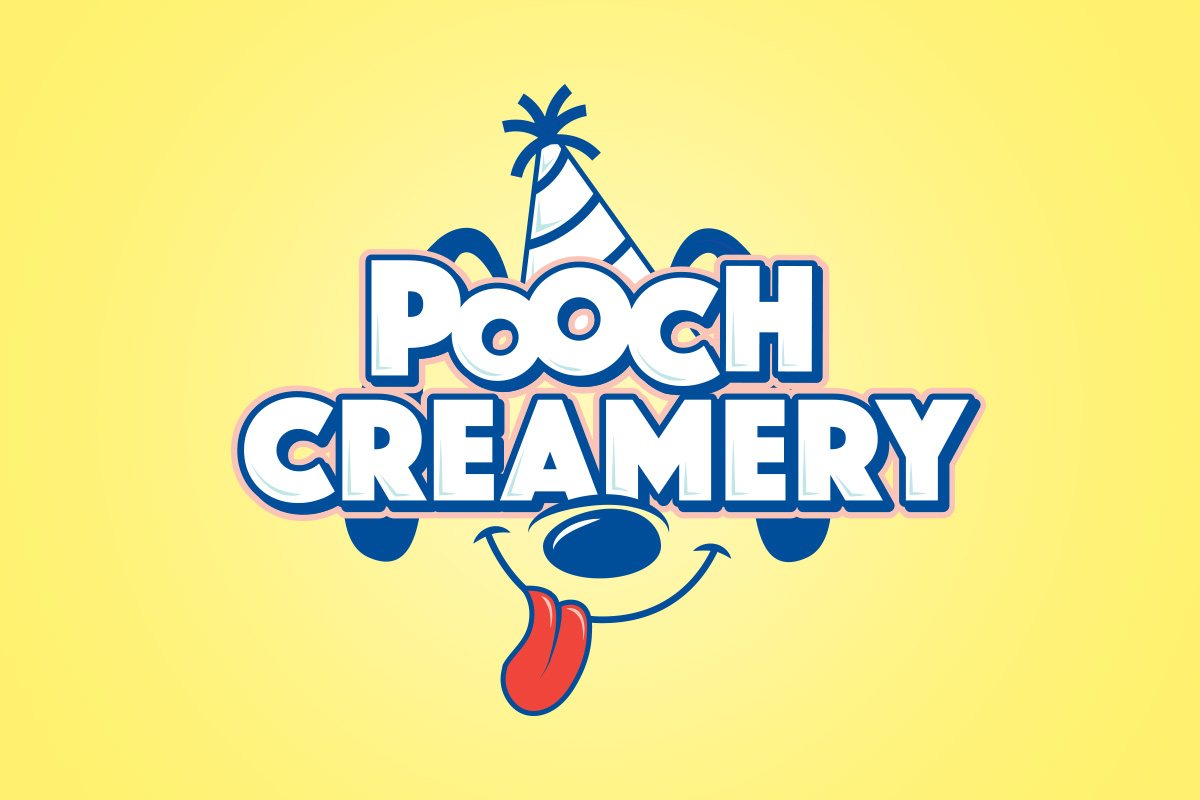 Pooch Creamery logo lockup on a yellow background
