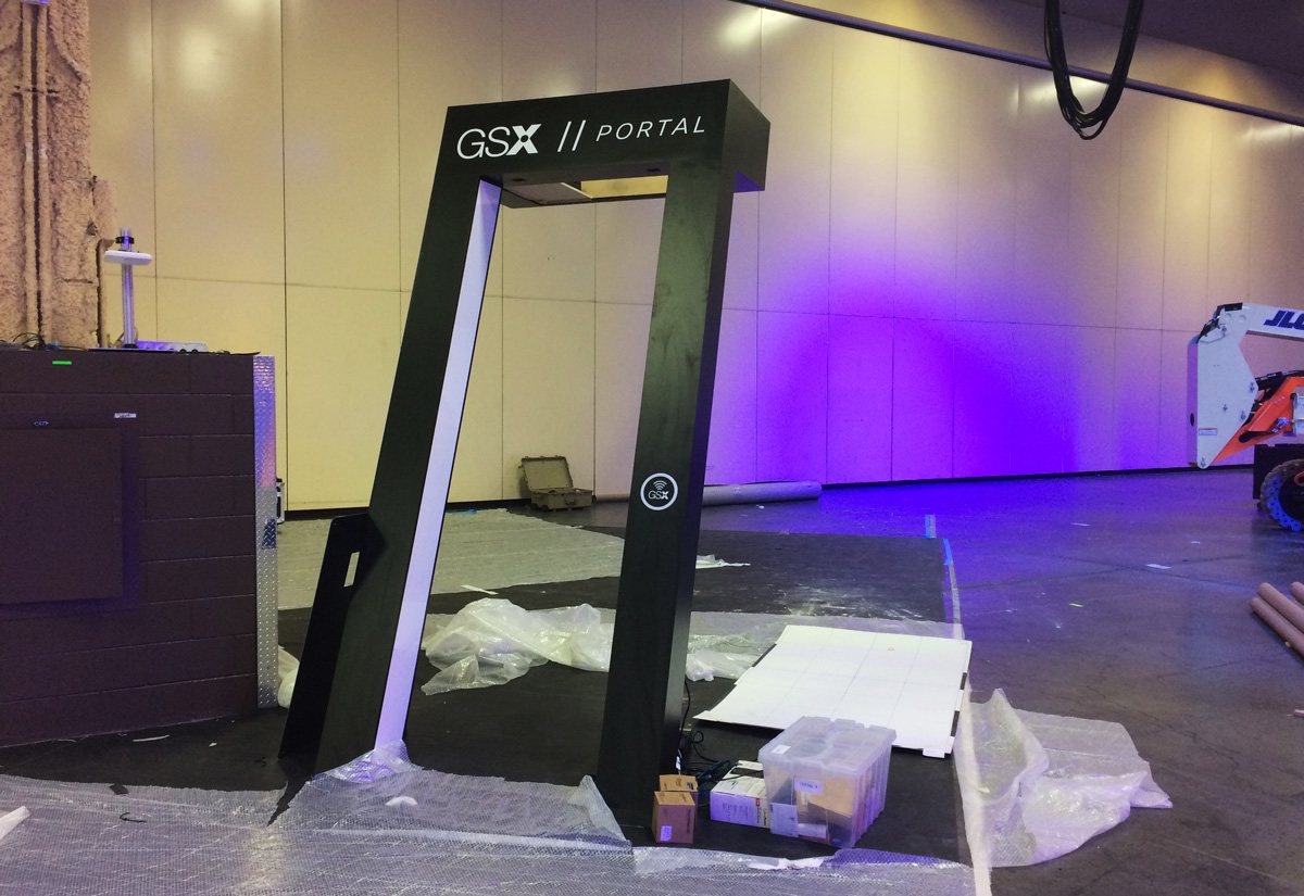 The GSX Portal structure being installed backstage before the show floor opened