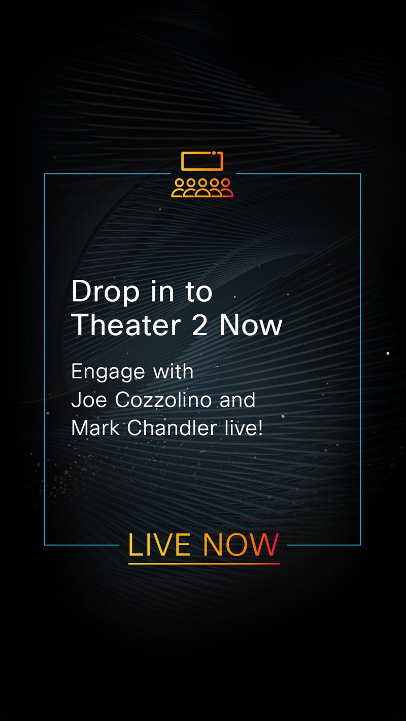 Portal UI spotlighting a Cisco executive live in Theater 2