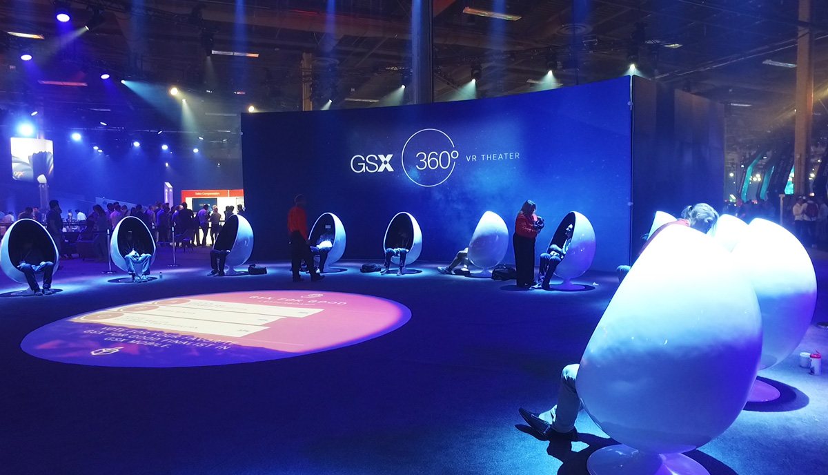 Wide shot of the GSX360 VR Theater with guests seated in egg chairs