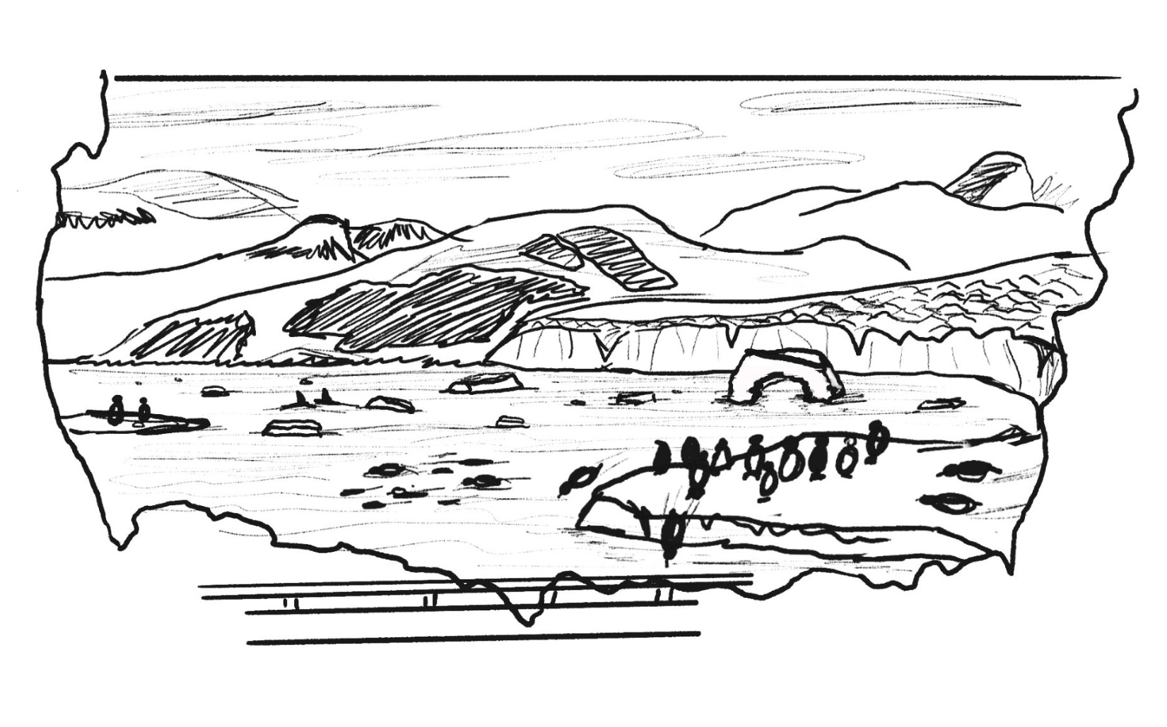 Hand-drawn concept sketch of the queue's Antarctic coastline scene