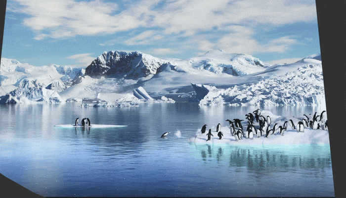 Animated preview of the queue screen's penguin and glacier footage