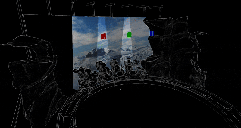 3D wireframe test of the ride vehicle's screen and projection beams