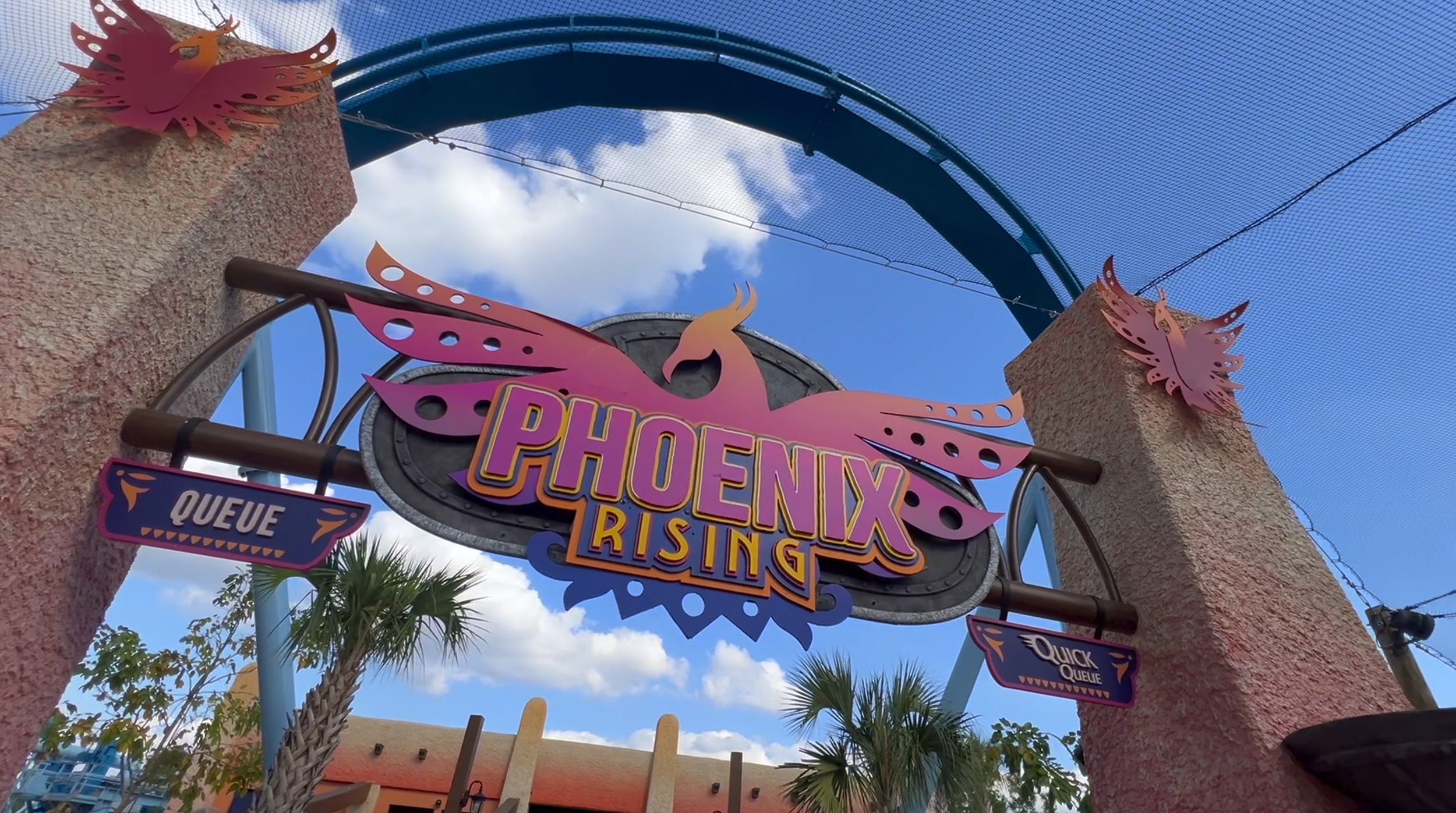 Phoenix Rising queue entrance and coaster launch at Busch Gardens Tampa Bay