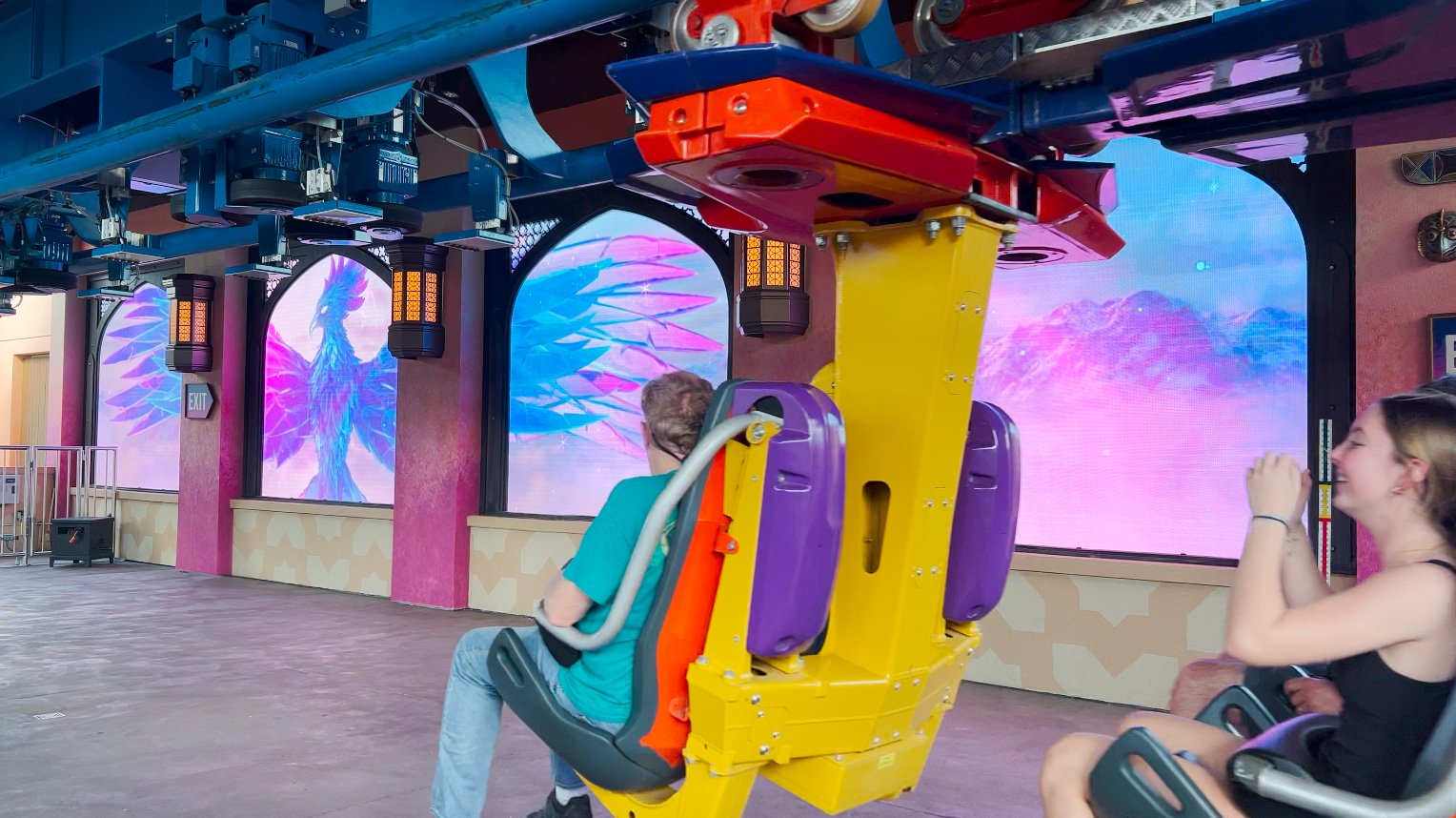 Boarding the ride vehicle with LED phoenix windows behind