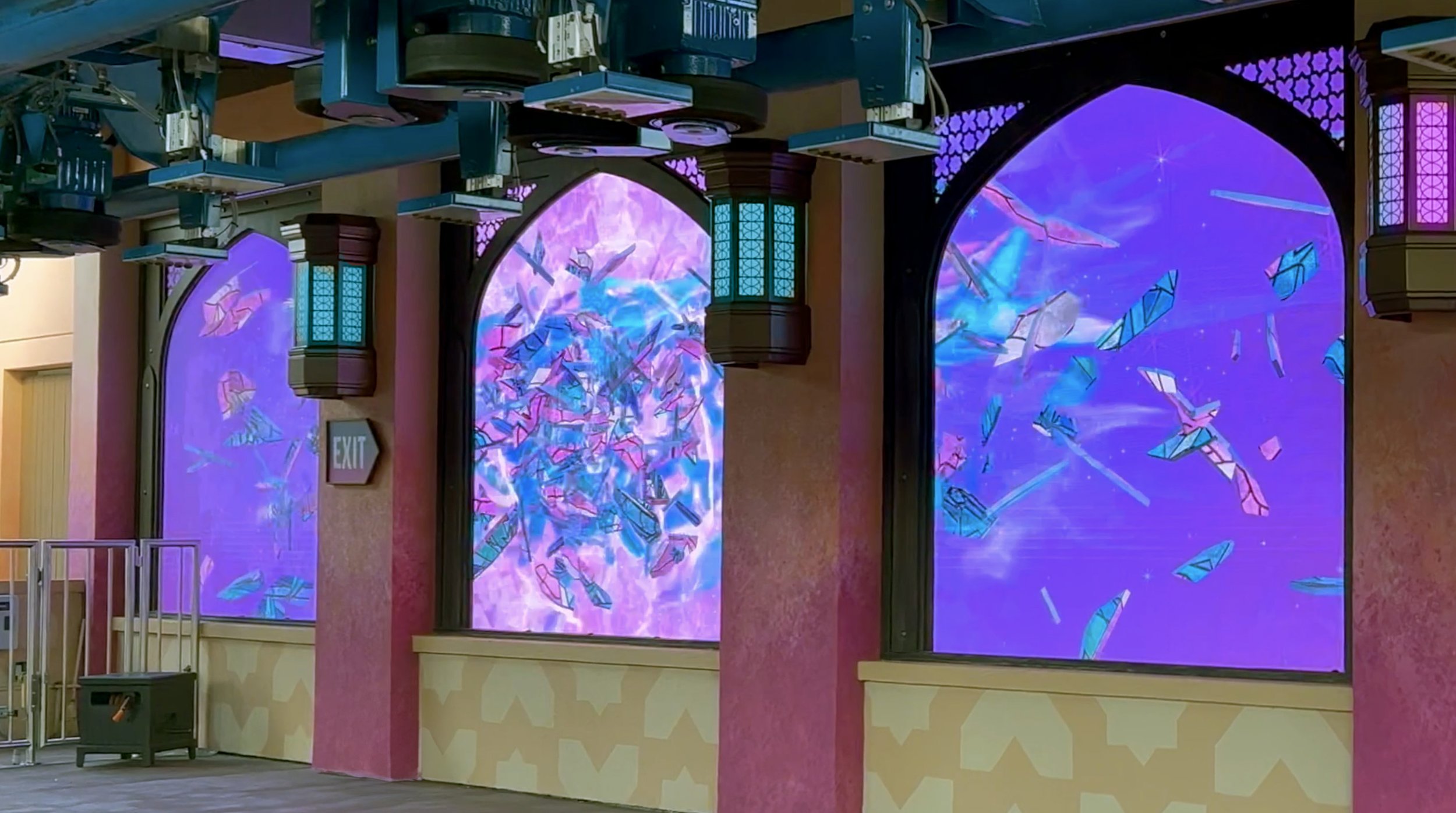 Abstract crystal shard effects across the station LED windows
