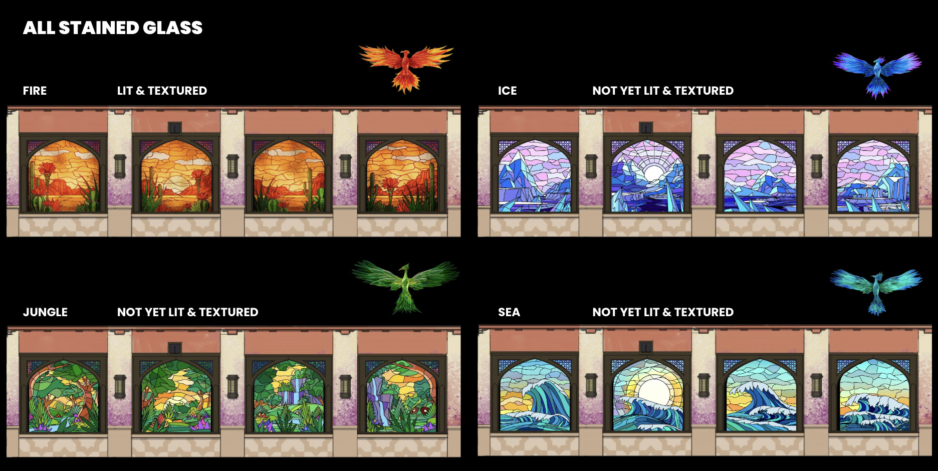 All Stained Glass concept sheet for the Fire, Ice, Jungle, and Sea phoenixes