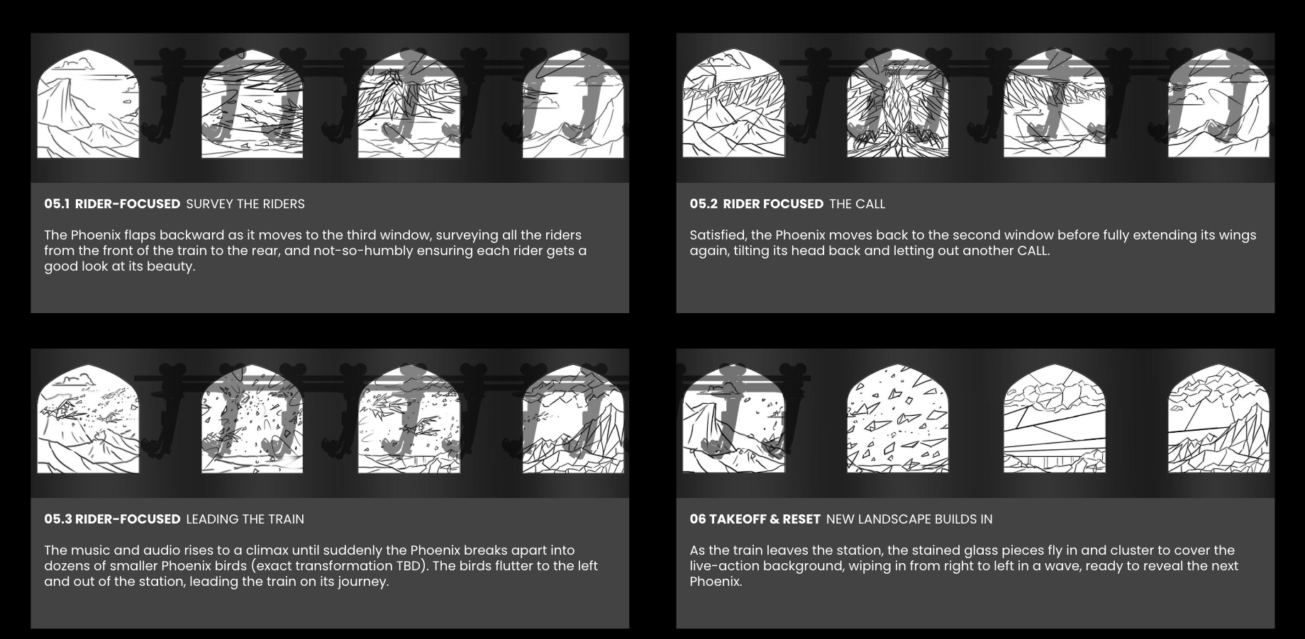 Rider-focused storyboard breakdown for the phoenix reveal sequence