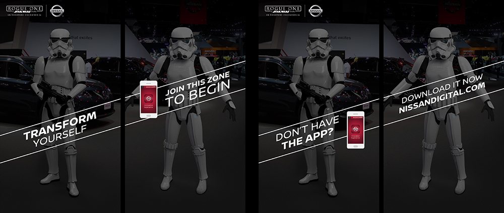Stormtrooper mirror screen sequence: Transform Yourself, Join This Zone, Don't Have the App, Download It Now