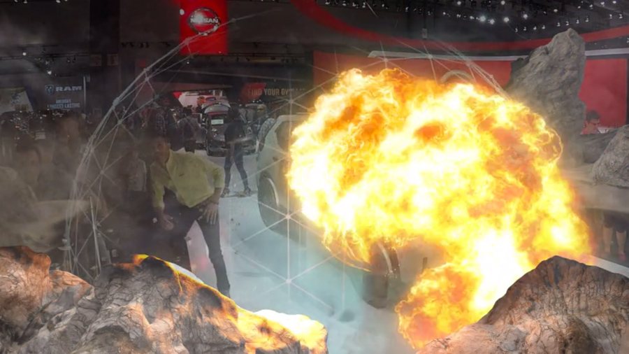 AR composite of an explosion engulfing the Battle Test scene on the show floor